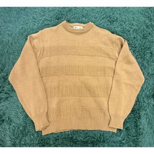 Vintage Sigallo Men's XL 100% Acrylic Tan Striped Knit Sweater 70s 80s Made